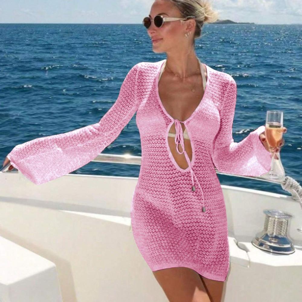 Women's Deep V‑Neck Long Sleeve Knit Mini Dress Regular Fit Beach Style Drawstring Cutout Cover Up