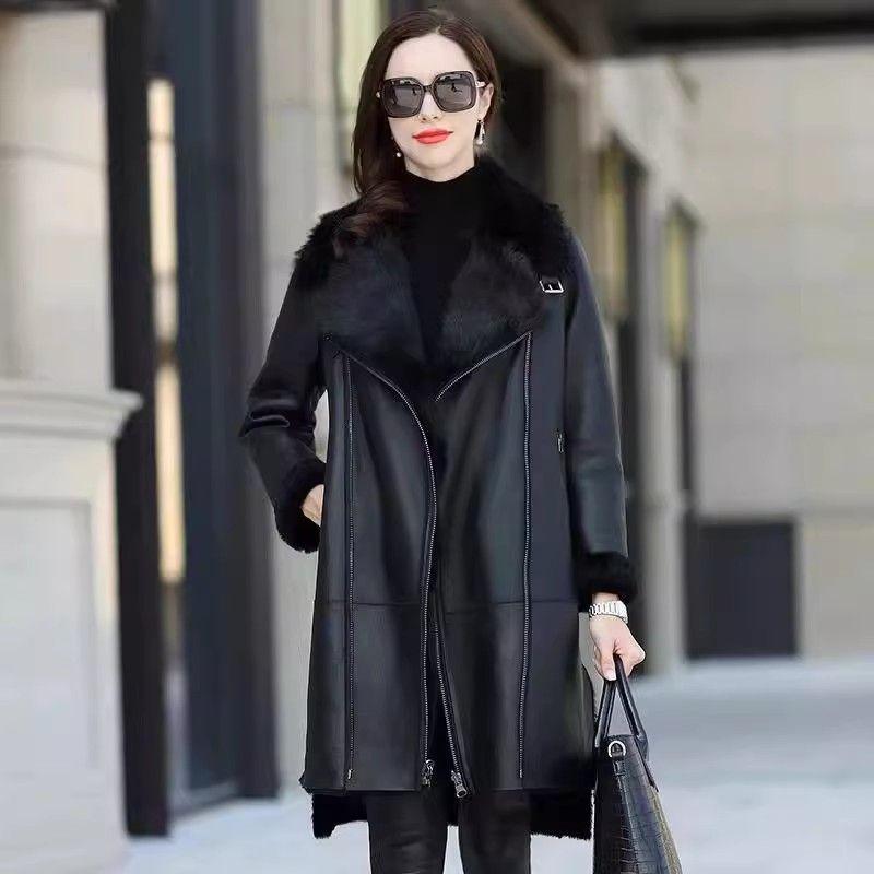 Autumn Winter Women's Leather Coat Thick Warm Mid-length Fleece-lined PU Leather Coat