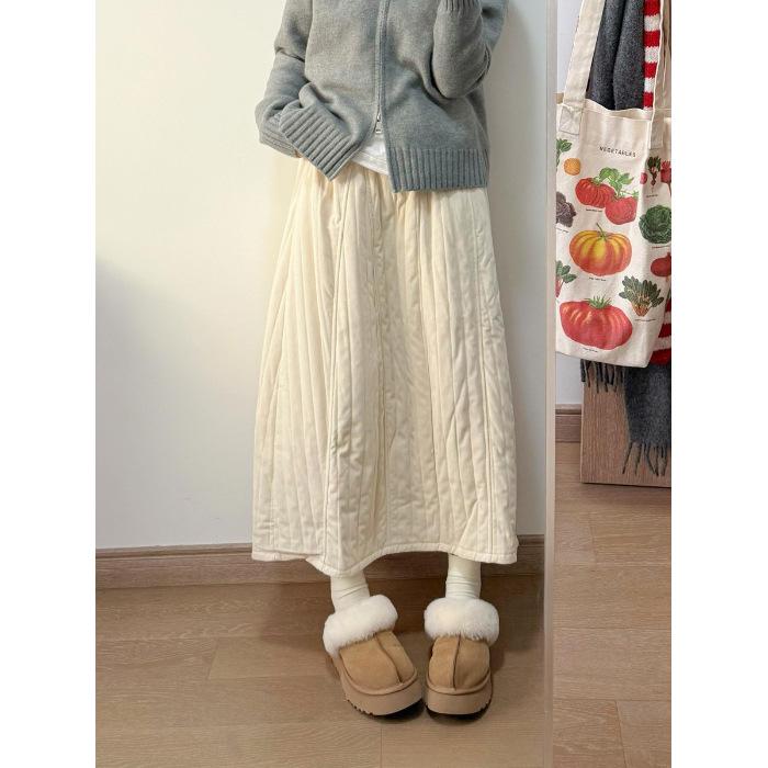Apricot Vintage-Style Padded A-Line Skirt - Korean Mid-Length, Slimming, Autumn/Winter Collection. L