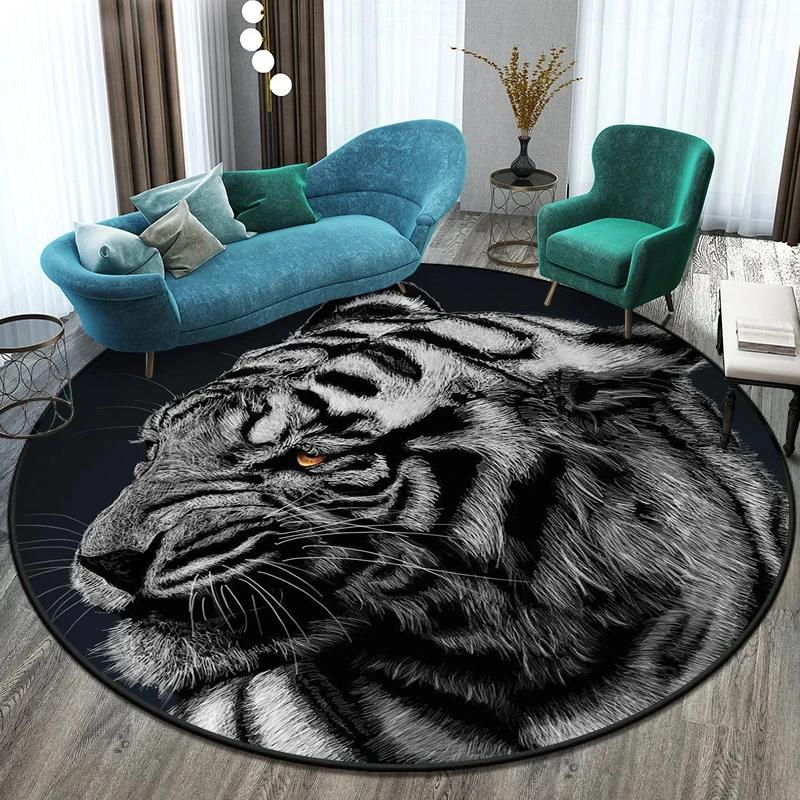 Cute Tiger Round Rug Wild Animal Carpet Non-slip Floor Mat for Living Room Bedroom Playroom Bathroom Decor Soft Circle Doormat