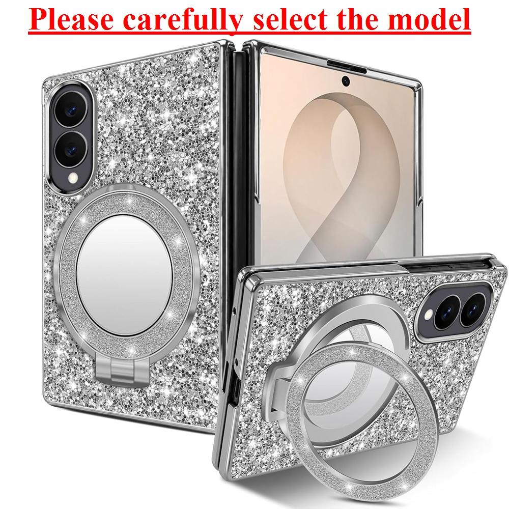 Luxury Bling Glitter Magnetic Stand Holder Bracket Case for Samsung Galaxy Z Fold 8 Ultra Fold8 Plating Mirror Bracket PC Cover