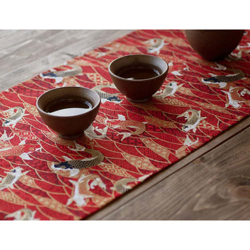 Mon Koi Carp Table Runner, Japanese Style, for Children's Day, Boys' Day, Tea Ceremony, and Kaiseki Rooms (Red, 140cm)