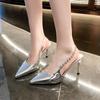 Women's Silver Patent Leather Rhinestone Slingback Pumps,Pointed Toe Stiletto High Heel Sandals