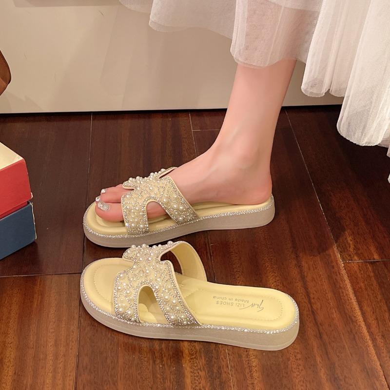 

One-word cool slippers new casual solid color rubber sole flat-bottomed comfortable slippers pearl rhinestone edge cool slippers 40 жёлтый