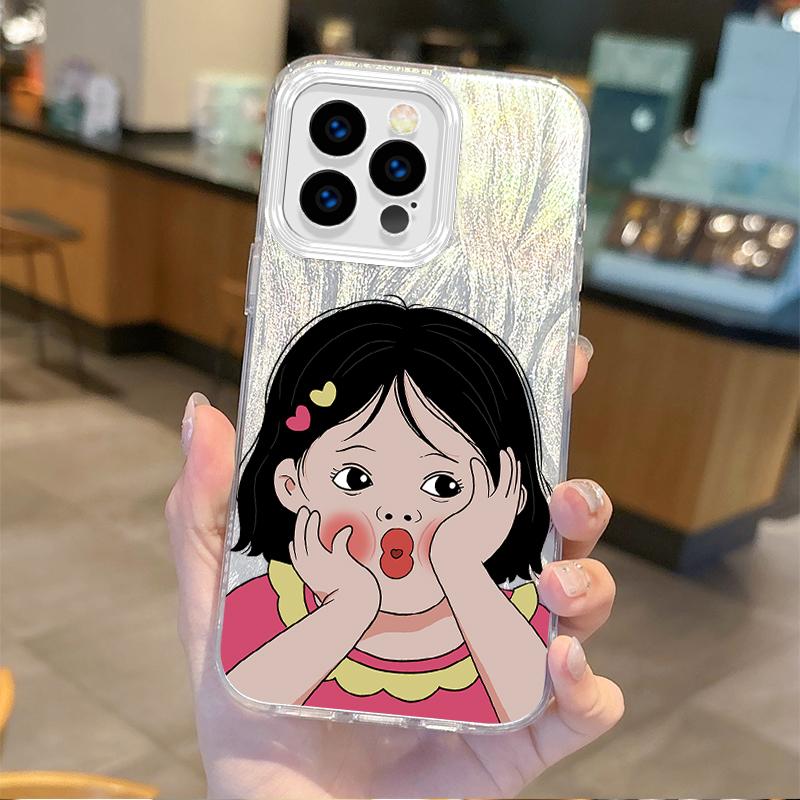Fun Personality Cute Girl Cartoon Phone Case for iPhone16 15 14 13 12 11 8 7 6 Pro Max Plus XS XR Gradient Shockproof Back Cover