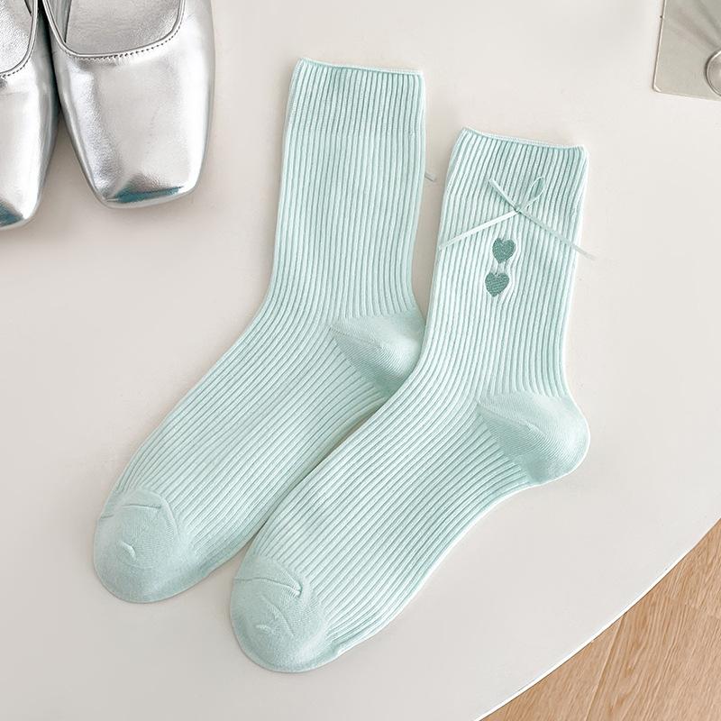 Bow Socks, Women's Mid-calf Socks, Spring and Summer Pile Socks, Embroidered Heart-shaped Trendy Cotton Socks, Long Pile Socks
