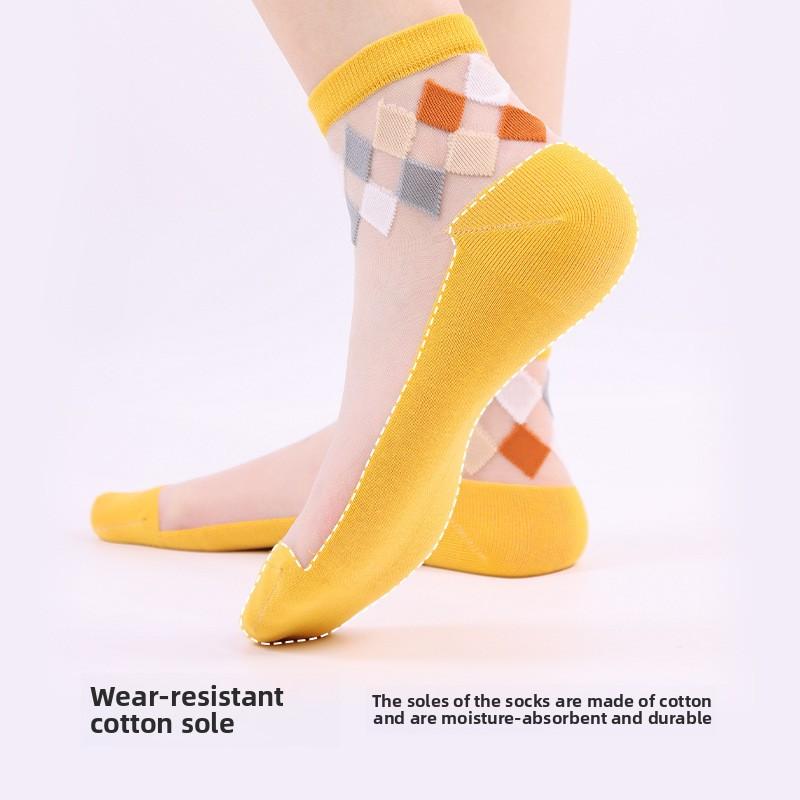 10 Pairs Women's Spring/summer Casual Argyle Flower Glass Silk Mid-tube Women's Socks Boneless Hand Sewn Crystal Silk Socks