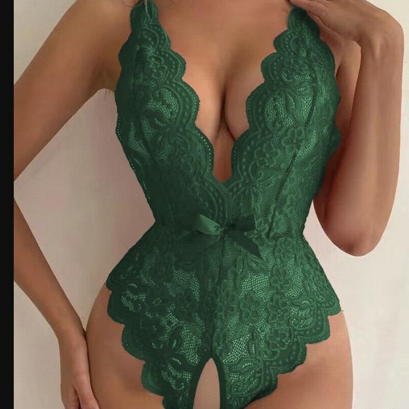 Erotic lingerie opening halter neck one-piece pajamas lace-up bow back open lace sexy pajamas woman