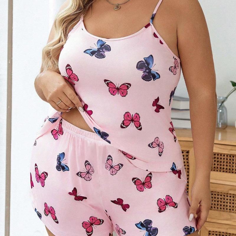 Summer Slim Butterfly Print Camisole Shorts Pajama Suit Plus Size Homewear