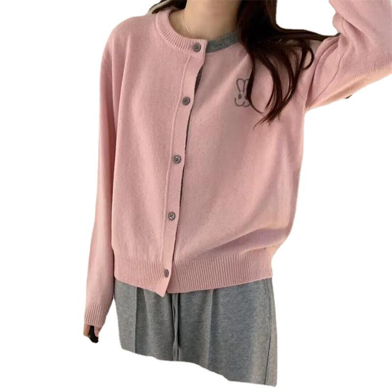Women's Loose Fit Rabbit Embroidery 100% Wool Knit Cardigan - Round Neck, Color Block Design, Age-Reducing Fashion