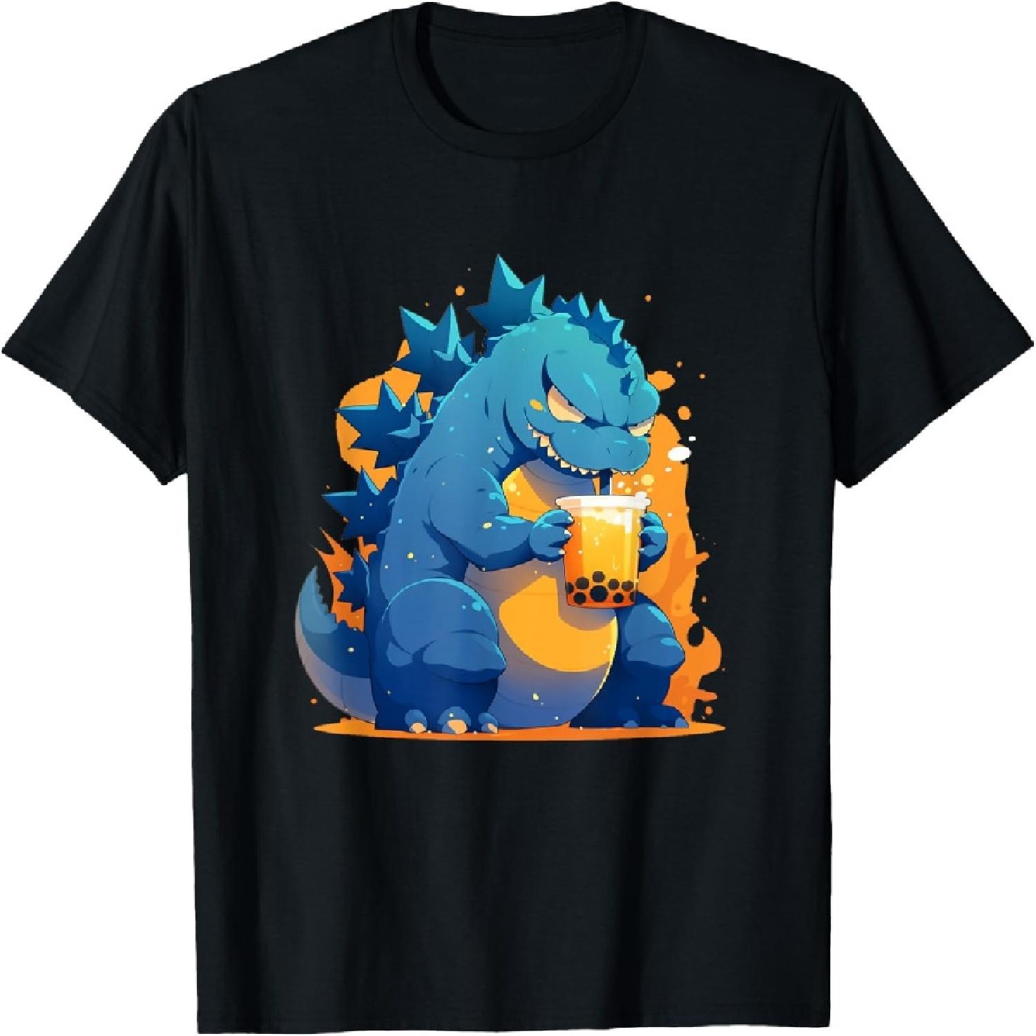 Funny Happy Japanese Kaiju Drinking Boba Tea T-Shirt S