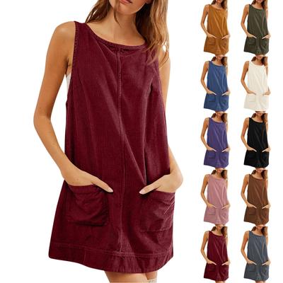 Women's Fashion Corduroy Solid Color Round Neck A Line Vest Dress Pinafore With Pockets