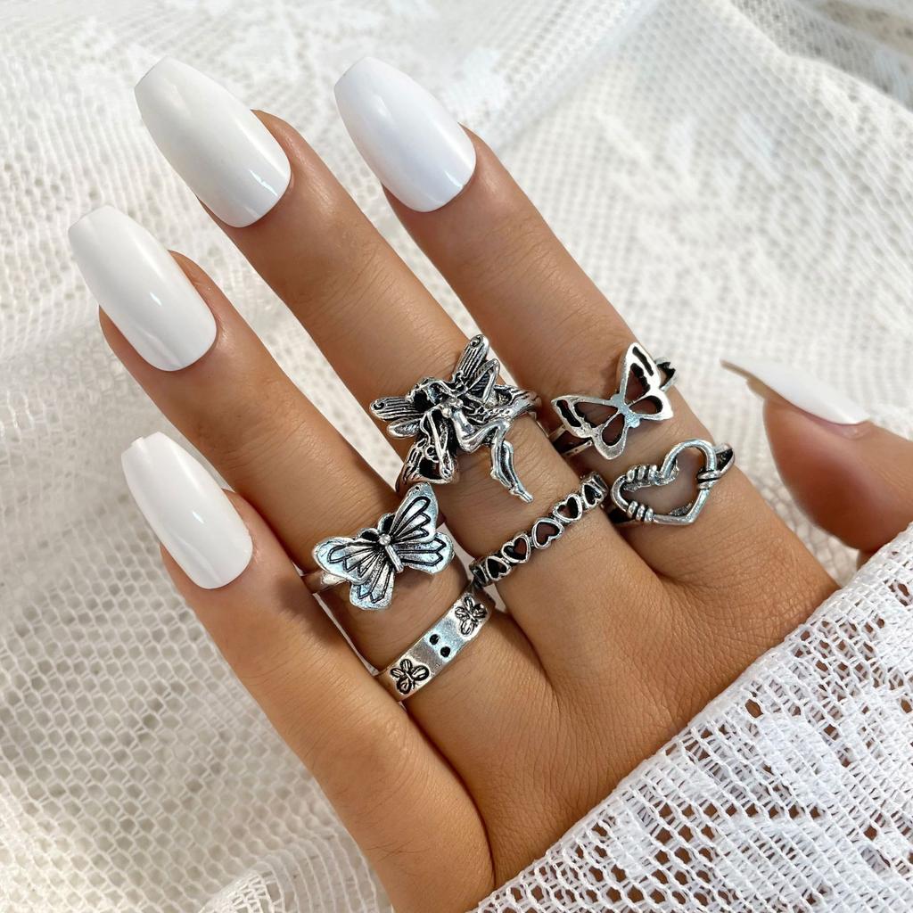 Retro Silver Color Heart Butterfly Ring For Women Punk Geometric Antique Snake Opening Adjustable Rings Y2K Trendy Jewelry Gifts