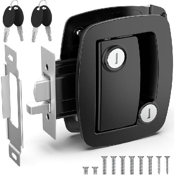 RV Locks For Travel Trailers, RV Entry Door Lock With Paddle Deadbolt, 100% Zinc Alloy Metal Camper Door Latch Replacement Kit, With 4 RV Keys For Black Aluminum Alloy