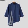 Summer Incerun Men Stand Neck 34 Sleeve Irregular Hem Print Casual Shirts