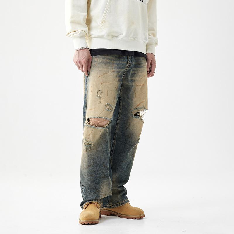 Graffiti Denim Amerikanische High Street zerrissene Jeans Herren Clean Fit Retro Straight alt gewaschene Hosen Herren