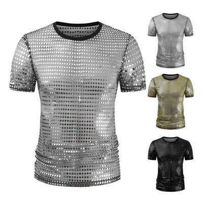 Sequined T-Shirt for Men Sparkling Dot Jazz Modern Dance T-Shirt Round Neck Short Sleeve Performance Tops 1970s