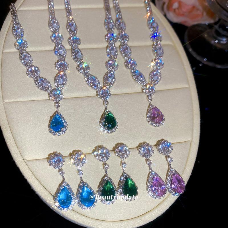 Wealthy Daughter~ Silver Needle Diamond-encrusted Zircon Water Drop Necklace Stud Earrings Set Light Luxury Celebrity Style High-end Jewelry Women
