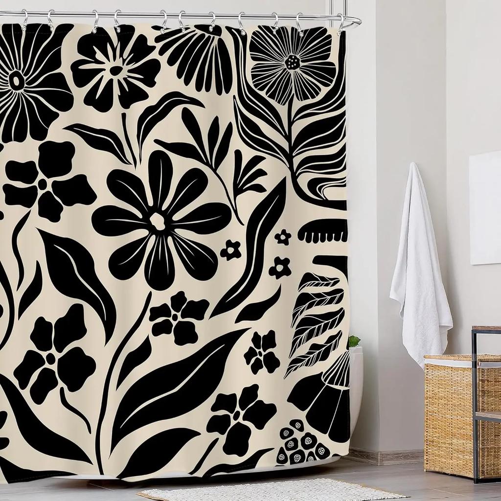 Vintage Bohemian Abstract Black Floral Shower Curtain Modern Bathroom Bath Accessories Home Decorative Shower Curtain