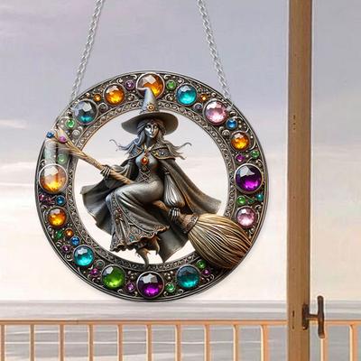 Yousheng Halloween Witch Flying Broom Suncatcher Faux Crystal Magic Witch Wall Art Decor Acrylic Stained Glass Window Hanging Sun Catcher for Home