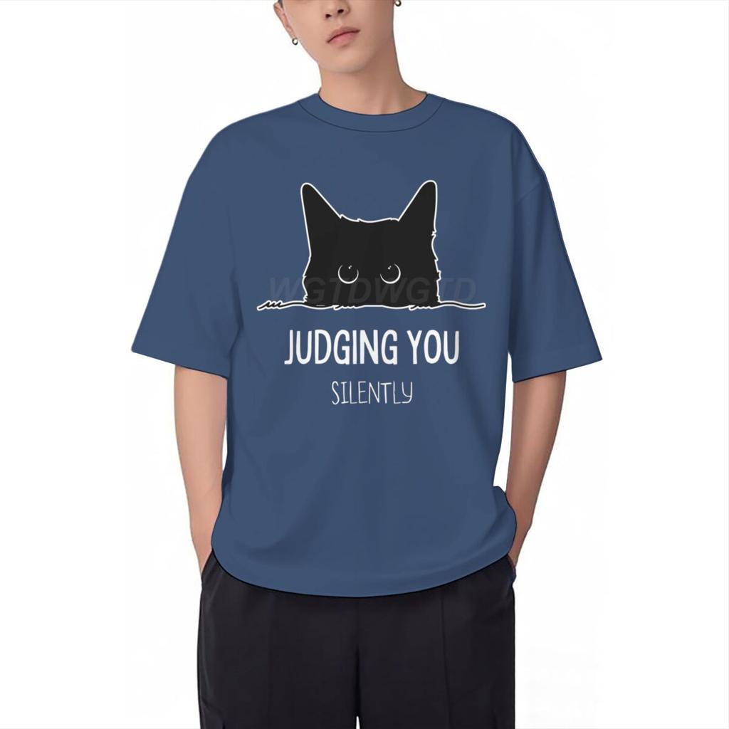 Judging You Silently Print T Shirt Men Women Sarcastic Humor Streetwear Short Sleeve Harajuku Cat Tee Male 100 Cotton Fun Shirt