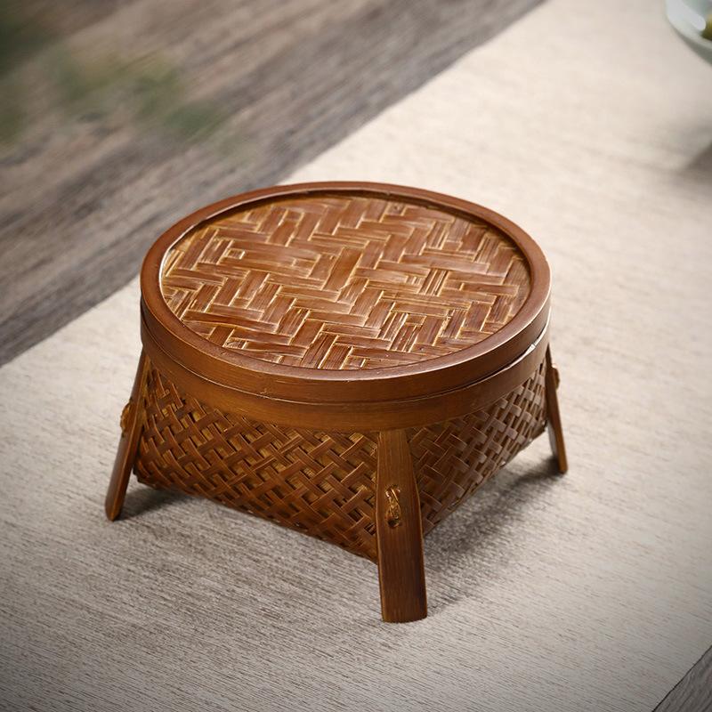 Handwoven Bamboo Fruit Basket with Lacquer Rim, Vintage Snack Box for Tea Parties, Round Storage Holder for Nuts