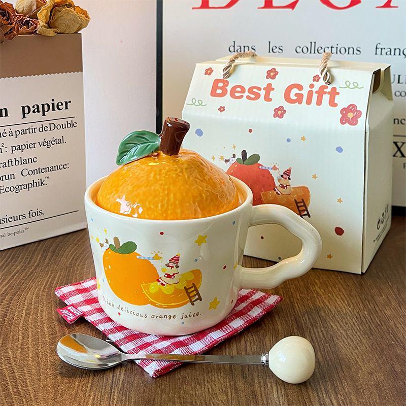 Large Orange Ceramic Mug with Lid & Spoon - Cute Gift for Girls & Best Friends, Perfect Birthday or Practical Souvenir.
