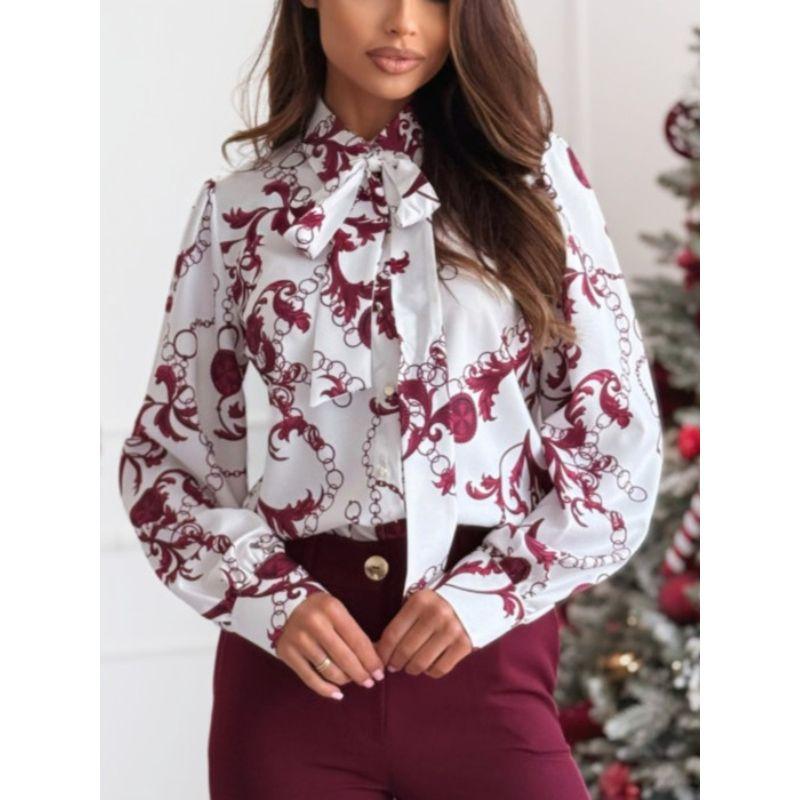 Sweet Spring New Arrival Fashion European and American Style Work Clothing Print Single-Breasted Lace up Bows Long Sleeve Shirt Top Women
