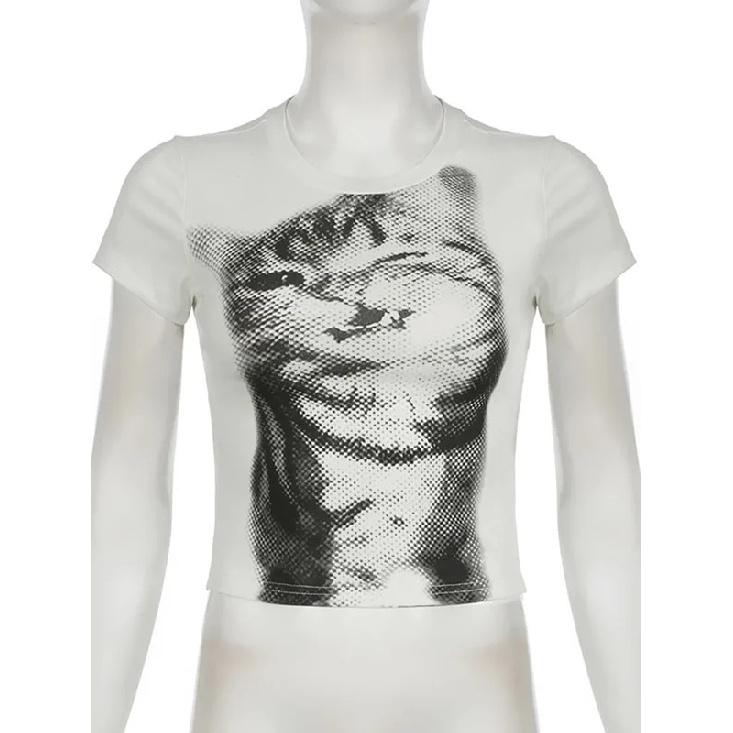 Harajuku Animal Print Crop Top Basic White Short Sleeve Crewneck T-shirt Women Casual Slim-fitting Tees Lady Y2k Vintage
