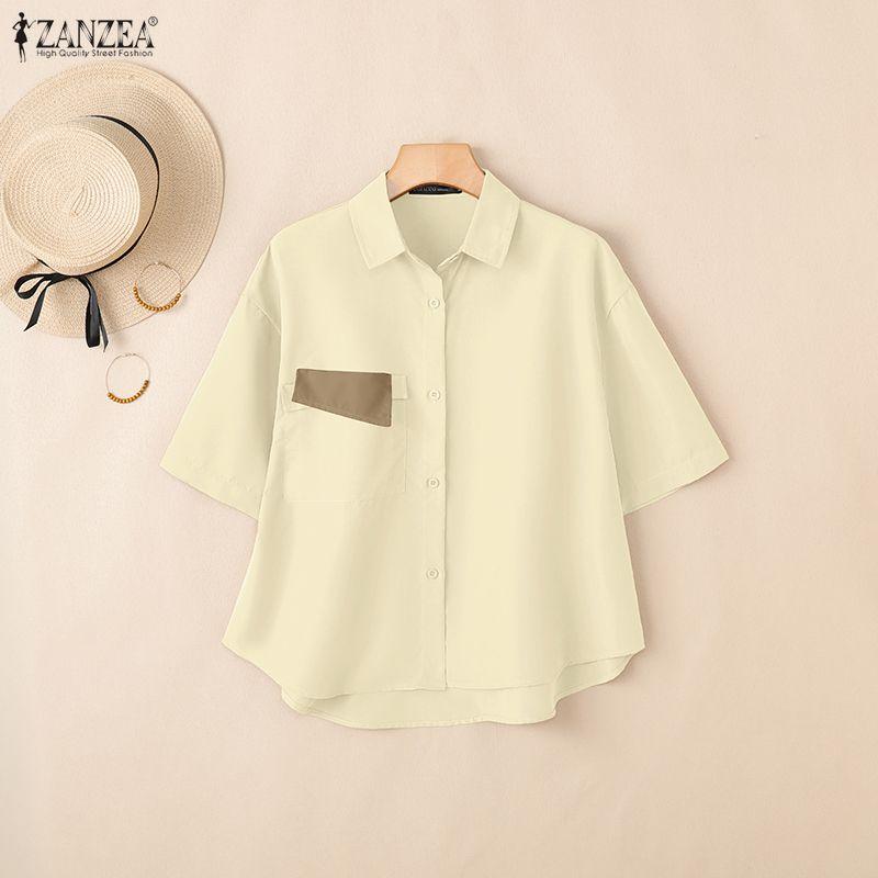 ZANZEA Blusa informal holgada de media manga con cuello vuelto para mujer