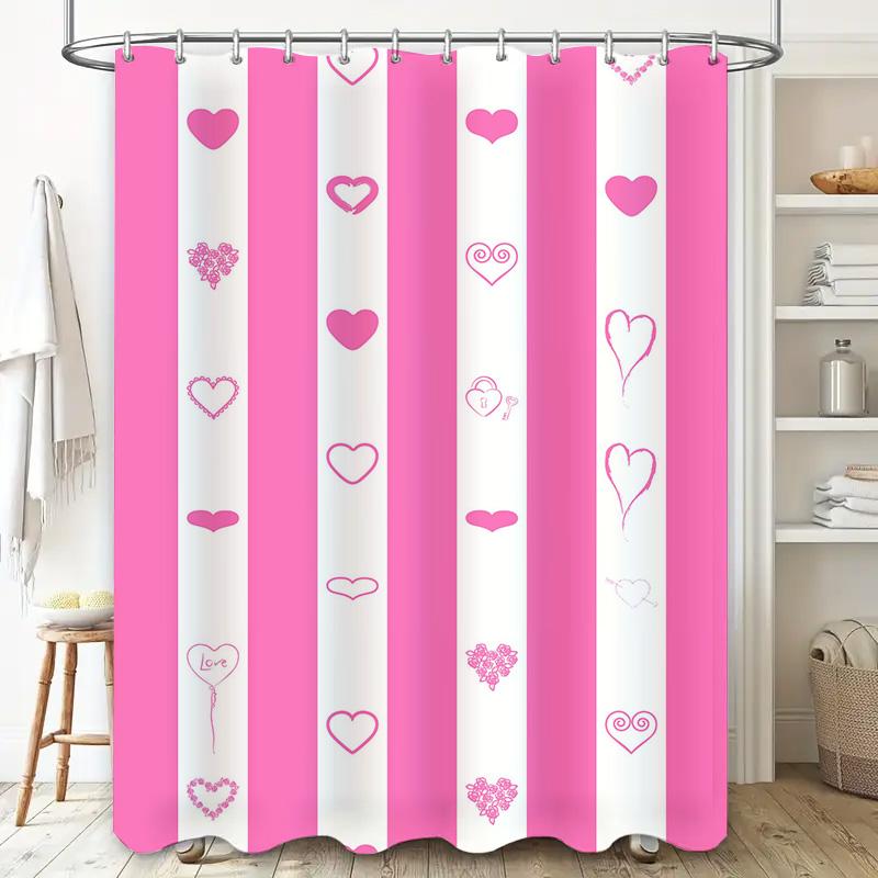 Pink White Striped Shower Curtain With Love Heart Pattern For Bathroom Decor Waterproof Fabric Shampoo Soap Bag Set Home Accesso