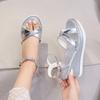 Fashion Gold Silver Pu Leather Wedges Sandals for Women Cross Band Crystal Ankle Buckle Party Shoes Thick Sole Chunky Platform Shoes