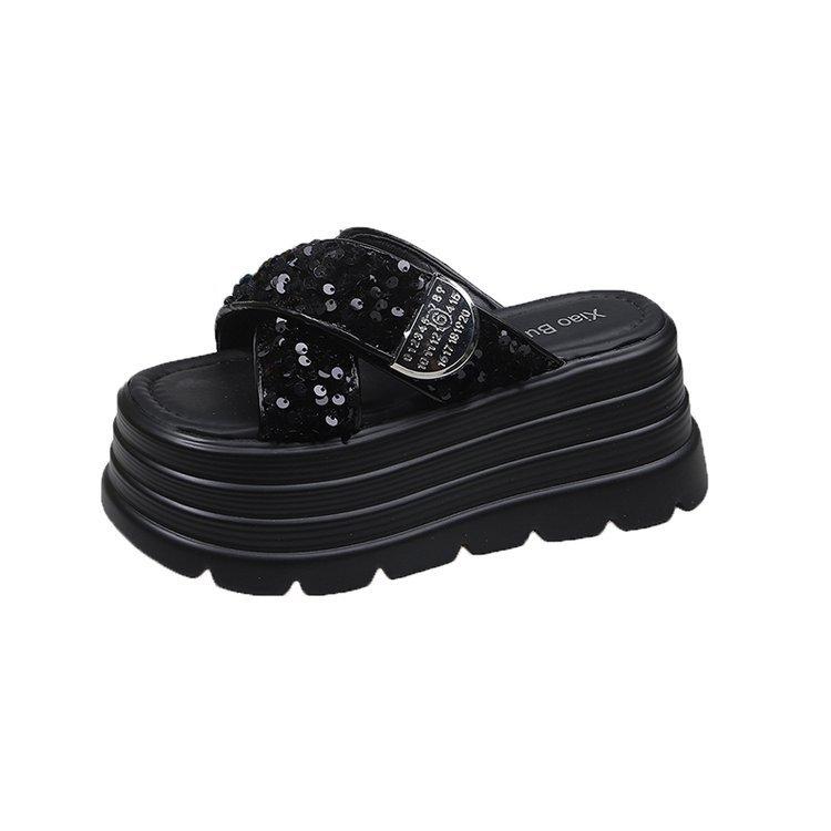 Platform slippers women's fashion outer wear 2025 summer new Korean version small sequined cross muffin sandals