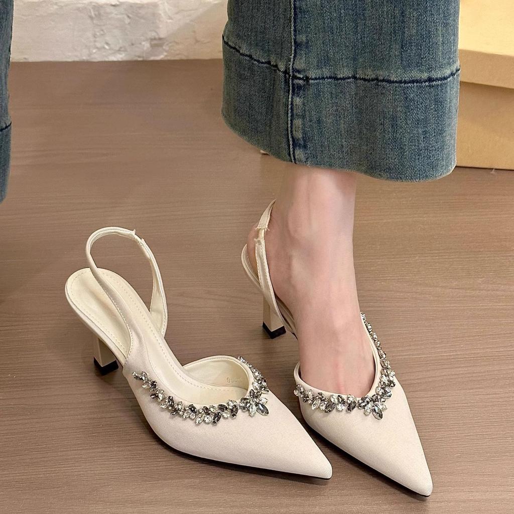 Temperament Pointed Rhinestone Bag Head Empty Sandals Women's Spring 2025 New Purple Fairy Wind Side Empty High-heeled Shoes
