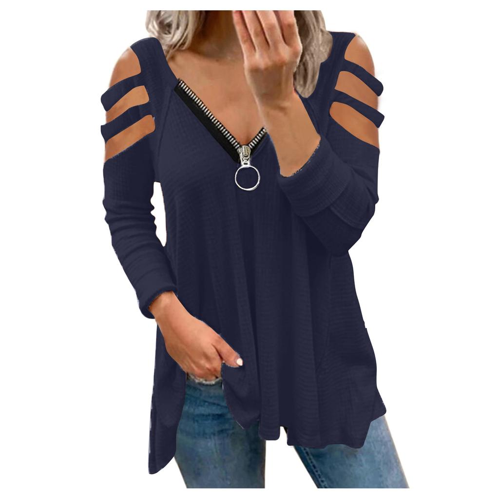 Women Sexy V-neck Collar Zipper Color Long Sleeve Fold Casual Blouse Tops