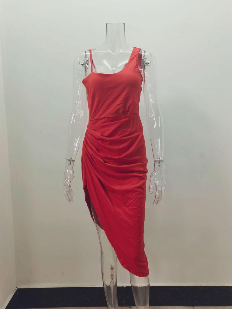 2023 Women's Solid Color One-Shoulder Ruffled Evening Gown with Sexy Slit