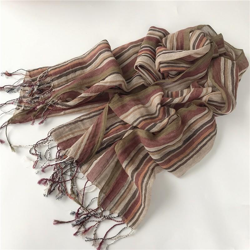 Thin Cotton And Linen Striped Scarf Literary And Versatile Soft Neck Protection Silk Scarf Women'S Travel Shawl
