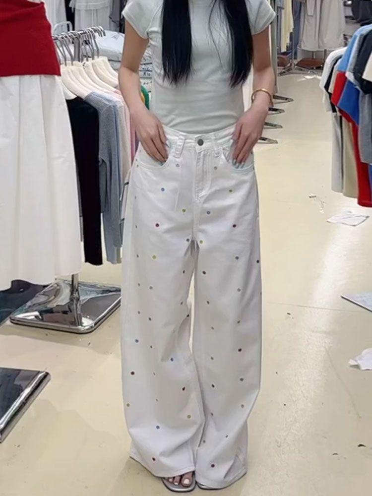 

Джинсы женские с высокой посадкой, большого объема, с вышивкой в виде мелкого цветочного узора, осенние, в ленивом стиле, простые, нишевые, узкие, прямые, ретро-джинсы для дам M