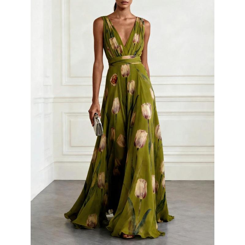 2026 European and American fashion evening dress A-shaped skirt women's sleeveless V-neck printed pendulum dress