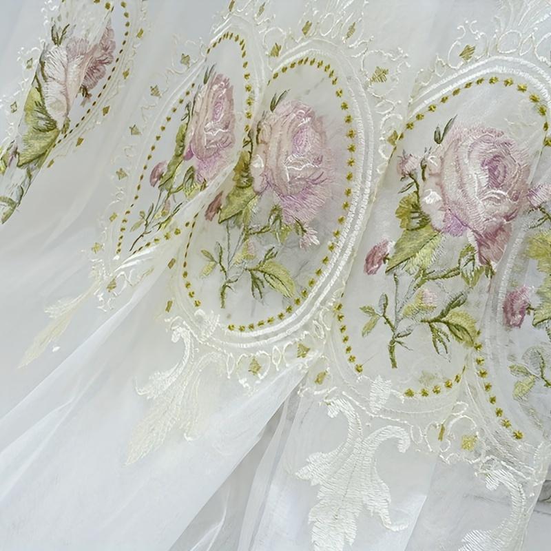 1pc Peony Embroidered Curtain Rod Pocket Curtain For Living Room, Bedroom French Pastoral Flower White Sheer Voile Drapes Home Decor