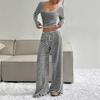 Women's Striped Pullover Long Sleeved Drawstring Wide Leg Pants Set