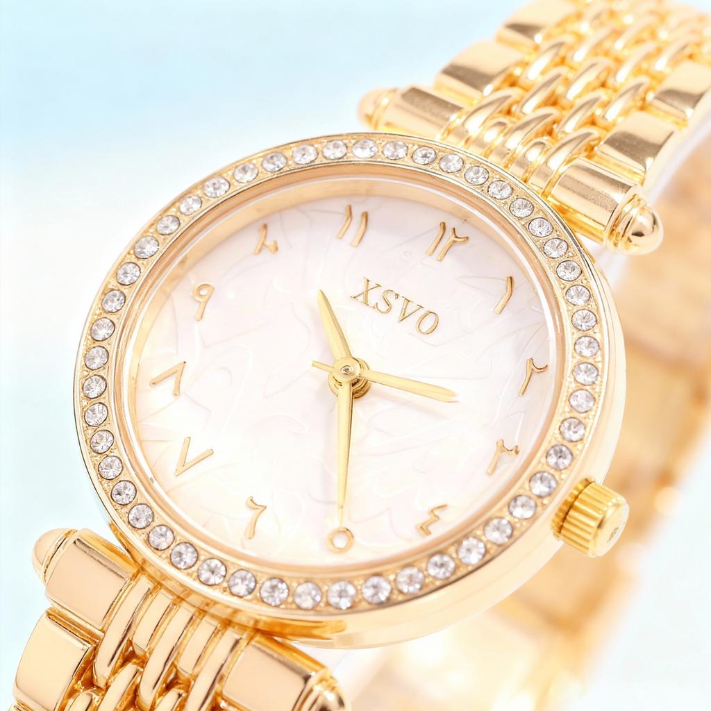 Fashionable and luxurious fashionable women's quartz watch round diamond-encrusted alloy material, suitable for daily wear and C