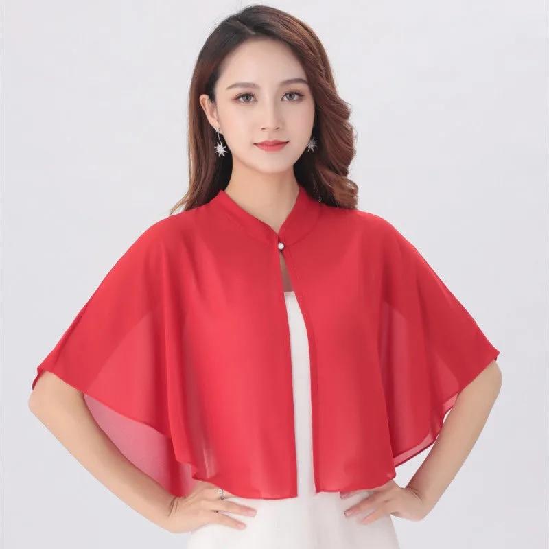 Women'S Summer Cloak Chiffon Scarf Waistcoat Loose Sunscreen Shawl Cheongsam Dress Button Blouse Shoulder Fake Collar Cape T90
