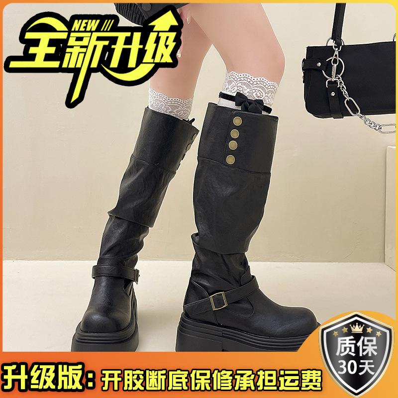 Retro Casual Belt Buckle Back Zipper Fashion Boots 2025 Autumn and Winter New Thick-soled Small Tall Knight Boots Tide