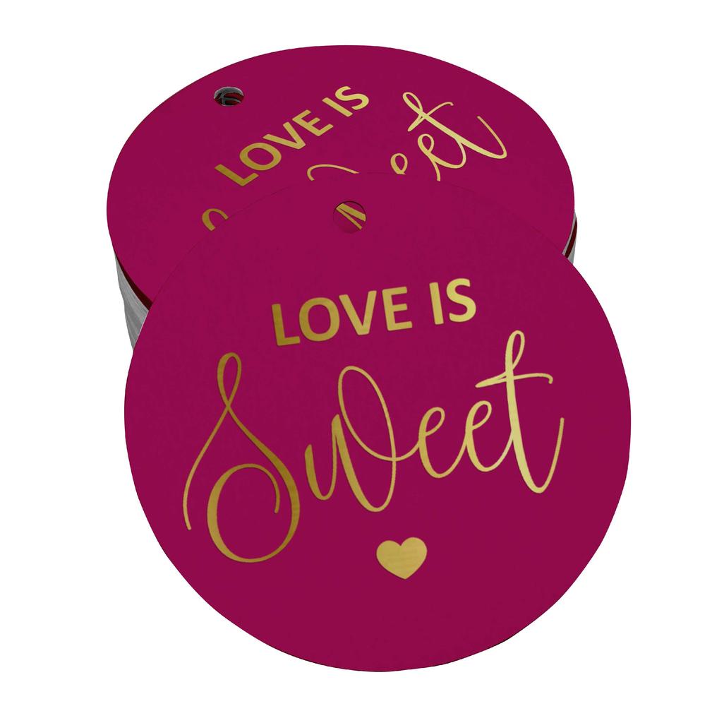 Inkdotpot 100 - Confezione da 100 etichette in carta stagnola color oro vero Love Is Sweet bomboniera da appendere