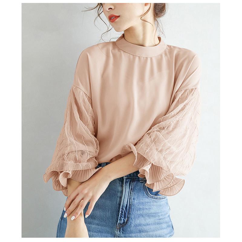 Women Elegant Party Blouse Chic Mesh Ruffle Sleeve Autumn Designer Stand Collar Shirts Korean Loose Tunics