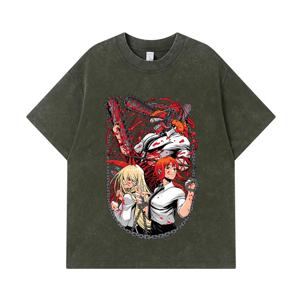 275 GSM Washed T-shirts 100% Cotton Chainsaw Man V20 Print Unisex Heavy Cotton T Shirt