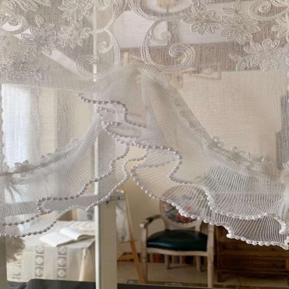 Wavy Edge Beaded Half Yarn Drapes Embroidered White Gauze Window Valance  Farmhouse