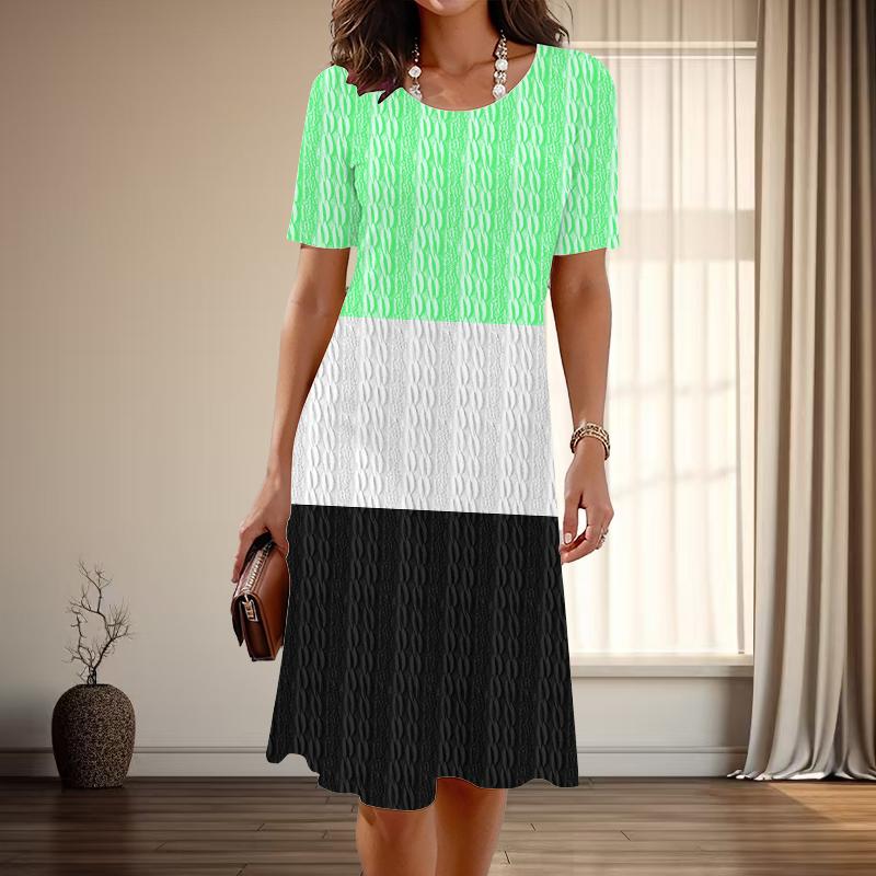 

Женская мода изящные простые сращивающиеся принты лето весна короткие рукава О-образный вырез повседневные платья XS зелёный