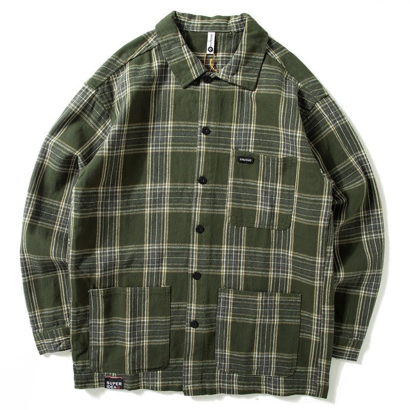 Plaid Shirt Men s Long-Sleeved Japanese Retro Washed Cotton Top Autumn New Loose Trendy Shirt Jacket Green 3XL